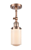 201F-AC-G311 1-Light 4.5" Antique Copper Semi-Flush Mount - Matte White Cased Dover Glass - LED Bulb - Dimmensions: 4.5 x 4.5 x 13.25 - Sloped Ceiling Compatible: Yes