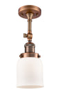 201F-AC-G51 1-Light 5" Antique Copper Semi-Flush Mount - Matte White Cased Small Bell Glass - LED Bulb - Dimmensions: 5 x 5 x 13.5 - Sloped Ceiling Compatible: Yes