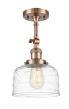 201F-AC-G713 1-Light 8" Antique Copper Semi-Flush Mount - Clear Deco Swirl Large Bell Glass - LED Bulb - Dimmensions: 8 x 8 x 13.875 - Sloped Ceiling Compatible: Yes
