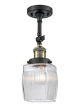 201F-BAB-G302 1-Light 5.5" Black Antique Brass Semi-Flush Mount - Thick Clear Halophane Colton Glass - LED Bulb - Dimmensions: 5.5 x 5.5 x 14 - Sloped Ceiling Compatible: Yes