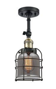 1-Light 5" Black Antique Brass Semi-Flush Mount - Plated Smoke Small Bell Cage Glass LED