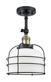 1-Light 8" Black Antique Brass Semi-Flush Mount - Matte White Cased Large Bell Cage Glass LED