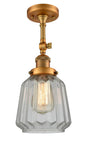 201F-BB-G142 1-Light 7" Brushed Brass Semi-Flush Mount - Clear Chatham Glass - LED Bulb - Dimmensions: 7 x 7 x 15.5 - Sloped Ceiling Compatible: Yes