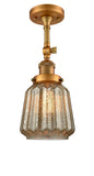 201F-BB-G146 1-Light 7" Brushed Brass Semi-Flush Mount - Mercury Plated Chatham Glass - LED Bulb - Dimmensions: 7 x 7 x 15.5 - Sloped Ceiling Compatible: Yes