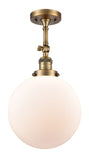 201F-BB-G201-10 1-Light 10" Brushed Brass Semi-Flush Mount - Matte White Cased Beacon Glass - LED Bulb - Dimmensions: 10 x 10 x 16 - Sloped Ceiling Compatible: Yes