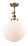 201F-BB-G201-12 1-Light 12" Brushed Brass Semi-Flush Mount - Matte White Cased Beacon Glass - LED Bulb - Dimmensions: 12 x 12 x 18 - Sloped Ceiling Compatible: Yes