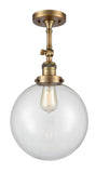 201F-BB-G202-10 1-Light 10" Brushed Brass Semi-Flush Mount - Clear Beacon Glass - LED Bulb - Dimmensions: 10 x 10 x 16 - Sloped Ceiling Compatible: Yes
