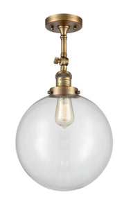 201F-BB-G202-12 1-Light 12" Brushed Brass Semi-Flush Mount - Clear Beacon Glass - LED Bulb - Dimmensions: 12 x 12 x 18 - Sloped Ceiling Compatible: Yes