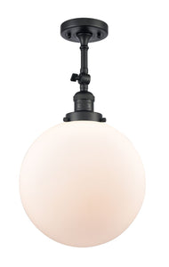 201F-BK-G201-12 1-Light 12" Matte Black Semi-Flush Mount - Matte White Cased Beacon Glass - LED Bulb - Dimmensions: 12 x 12 x 18 - Sloped Ceiling Compatible: Yes