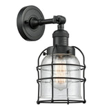 Innovations Lighting 201F-BK-G54-CE Matte Black Small Bell Cage 1-Light Semi-Flush Mount - Seedy Small Bell Cage Glass - 60 Watt Vintage LED or Incandesent Dimmable Bulb Included