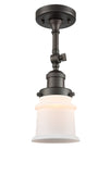 201F-OB-G181S 1-Light 6" Oil Rubbed Bronze Semi-Flush Mount - Matte White Small Canton Glass - LED Bulb - Dimmensions: 6 x 6 x 13.5 - Sloped Ceiling Compatible: Yes