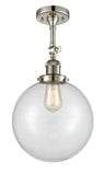 201F-PN-G202-10 1-Light 10" Polished Nickel Semi-Flush Mount - Clear Beacon Glass - LED Bulb - Dimmensions: 10 x 10 x 16 - Sloped Ceiling Compatible: Yes