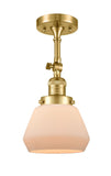 201F-SG-G171 1-Light 7" Satin Gold Semi-Flush Mount - Matte White Cased Fulton Glass - LED Bulb - Dimmensions: 7 x 7 x 12.5 - Sloped Ceiling Compatible: Yes