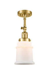 201F-SG-G181 1-Light 6" Satin Gold Semi-Flush Mount - Matte White Canton Glass - LED Bulb - Dimmensions: 6 x 6 x 13.5 - Sloped Ceiling Compatible: Yes