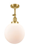201F-SG-G201-10 1-Light 10" Satin Gold Semi-Flush Mount - Matte White Cased Beacon Glass - LED Bulb - Dimmensions: 10 x 10 x 16 - Sloped Ceiling Compatible: Yes