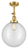 201F-SG-G202-12 1-Light 12" Satin Gold Semi-Flush Mount - Clear Beacon Glass - LED Bulb - Dimmensions: 12 x 12 x 18 - Sloped Ceiling Compatible: Yes