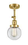 201F-SG-G202-6 1-Light 6" Satin Gold Semi-Flush Mount - Clear Beacon Glass - LED Bulb - Dimmensions: 6 x 6 x 14.25 - Sloped Ceiling Compatible: Yes