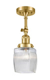 201F-SG-G302 1-Light 5.5" Satin Gold Semi-Flush Mount - Thick Clear Halophane Colton Glass - LED Bulb - Dimmensions: 5.5 x 5.5 x 14 - Sloped Ceiling Compatible: Yes