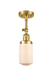 201F-SG-G311 1-Light 4.5" Satin Gold Semi-Flush Mount - Matte White Cased Dover Glass - LED Bulb - Dimmensions: 4.5 x 4.5 x 13.25 - Sloped Ceiling Compatible: Yes