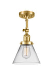 201F-SG-G42 1-Light 7.75" Satin Gold Semi-Flush Mount - Clear Large Cone Glass - LED Bulb - Dimmensions: 7.75 x 7.75 x 14.5 - Sloped Ceiling Compatible: Yes