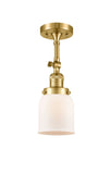 201F-SG-G51 1-Light 5" Satin Gold Semi-Flush Mount - Matte White Cased Small Bell Glass - LED Bulb - Dimmensions: 5 x 5 x 13.5 - Sloped Ceiling Compatible: Yes