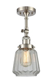 201F-SN-G142 1-Light 7" Brushed Satin Nickel Semi-Flush Mount - Clear Chatham Glass - LED Bulb - Dimmensions: 7 x 7 x 15.5 - Sloped Ceiling Compatible: Yes
