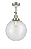 201F-SN-G204-12 1-Light 12" Brushed Satin Nickel Semi-Flush Mount - Seedy Beacon Glass - LED Bulb - Dimmensions: 12 x 12 x 18 - Sloped Ceiling Compatible: Yes