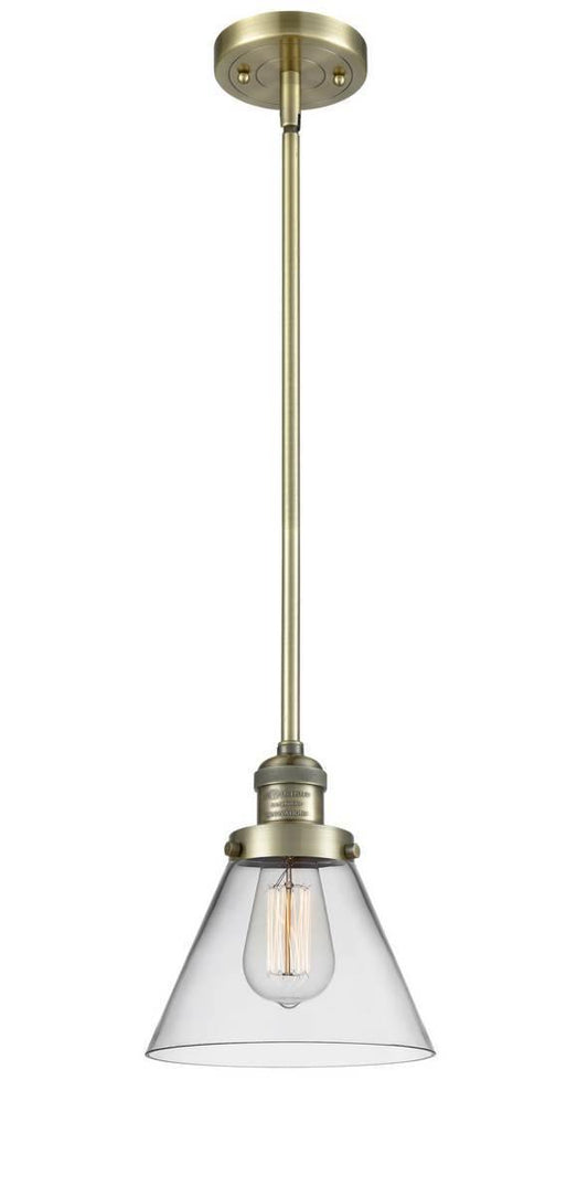 Stem Hung 8" Large Cone Mini Pendant - Cone Clear Glass - Choice of Finish And Incandesent Or LED Bulbs