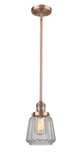 201S-AC-G142 Stem Hung 7" Antique Copper Mini Pendant - Clear Chatham Glass - LED Bulb - Dimmensions: 7 x 7 x 8<br>Minimum Height : 19.25<br>Maximum Height : 43.25 - Sloped Ceiling Compatible: Yes