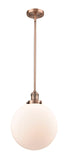 201S-AC-G201-12 Stem Hung 12" Antique Copper Mini Pendant - Matte White Cased Beacon Glass - LED Bulb - Dimmensions: 12 x 12 x 15<br>Minimum Height : 24.25<br>Maximum Height : 48.25 - Sloped Ceiling Compatible: Yes
