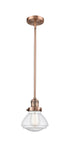 201S-AC-G324 Stem Hung 6.75" Antique Copper Mini Pendant - Seedy Olean Glass - LED Bulb - Dimmensions: 6.75 x 6.75 x 7.75<br>Minimum Height : 17.5<br>Maximum Height : 41.5 - Sloped Ceiling Compatible: Yes
