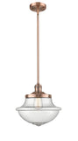 201S-AC-G544 Stem Hung 11.75" Antique Copper Mini Pendant - Seedy Large Oxford Glass - LED Bulb - Dimmensions: 11.75 x 11.75 x 11.5<br>Minimum Height : 20.625<br>Maximum Height : 44.625 - Sloped Ceiling Compatible: Yes