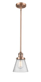 201S-AC-G64 Stem Hung 6" Antique Copper Mini Pendant - Seedy Small Cone Glass - LED Bulb - Dimmensions: 6 x 6 x 8<br>Minimum Height : 18.25<br>Maximum Height : 42.25 - Sloped Ceiling Compatible: Yes