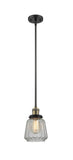 201S-BAB-G142 Stem Hung 7" Black Antique Brass Mini Pendant - Clear Chatham Glass - LED Bulb - Dimmensions: 7 x 7 x 8<br>Minimum Height : 19.25<br>Maximum Height : 43.25 - Sloped Ceiling Compatible: Yes