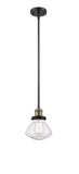 201S-BAB-G324 Stem Hung 6.75" Black Antique Brass Mini Pendant - Seedy Olean Glass - LED Bulb - Dimmensions: 6.75 x 6.75 x 7.75<br>Minimum Height : 17.5<br>Maximum Height : 41.5 - Sloped Ceiling Compatible: Yes