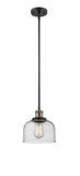 201S-BAB-G74 Stem Hung 8" Black Antique Brass Mini Pendant - Seedy Large Bell Glass - LED Bulb - Dimmensions: 8 x 8 x 10<br>Minimum Height : 18.25<br>Maximum Height : 42.25 - Sloped Ceiling Compatible: Yes