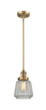 201S-BB-G142 Stem Hung 7" Brushed Brass Mini Pendant - Clear Chatham Glass - LED Bulb - Dimmensions: 7 x 7 x 8<br>Minimum Height : 19.25<br>Maximum Height : 43.25 - Sloped Ceiling Compatible: Yes