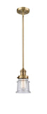 201S-BB-G184S Stem Hung 6.5" Brushed Brass Mini Pendant - Seedy Small Canton Glass - LED Bulb - Dimmensions: 6.5 x 6.5 x 10<br>Minimum Height : 18<br>Maximum Height : 42 - Sloped Ceiling Compatible: Yes