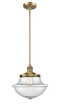 201S-BB-G544 Stem Hung 11.75" Brushed Brass Mini Pendant - Seedy Large Oxford Glass - LED Bulb - Dimmensions: 11.75 x 11.75 x 11.5<br>Minimum Height : 20.625<br>Maximum Height : 44.625 - Sloped Ceiling Compatible: Yes