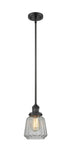 201S-BK-G142 Stem Hung 7" Matte Black Mini Pendant - Clear Chatham Glass - LED Bulb - Dimmensions: 7 x 7 x 8<br>Minimum Height : 19.25<br>Maximum Height : 43.25 - Sloped Ceiling Compatible: Yes