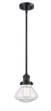 201S-BK-G322 Stem Hung 6.75" Matte Black Mini Pendant - Clear Olean Glass - LED Bulb - Dimmensions: 6.75 x 6.75 x 7.75<br>Minimum Height : 17.5<br>Maximum Height : 41.5 - Sloped Ceiling Compatible: Yes