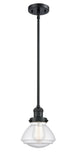 201S-BK-G324 Stem Hung 6.75" Matte Black Mini Pendant - Seedy Olean Glass - LED Bulb - Dimmensions: 6.75 x 6.75 x 7.75<br>Minimum Height : 17.5<br>Maximum Height : 41.5 - Sloped Ceiling Compatible: Yes