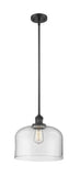 201S-BK-G72-L-LED Stem Hung 12" Bell Matte Black Mini Pendant - Clear LED
