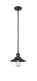 201S-BK-M6 Stem Hung 8" Matte Black Mini Pendant - Matte Black Railroad Shade - LED Bulb - Dimmensions: 8 x 8 x 8<br>Minimum Height : 14.5<br>Maximum Height : 38.5 - Sloped Ceiling Compatible: Yes