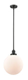 201S-OB-G201-12 Stem Hung 12" Oil Rubbed Bronze Mini Pendant - Matte White Cased Beacon Glass - LED Bulb - Dimmensions: 12 x 12 x 15<br>Minimum Height : 24.25<br>Maximum Height : 48.25 - Sloped Ceiling Compatible: Yes