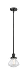 201S-OB-G324 Stem Hung 6.75" Oil Rubbed Bronze Mini Pendant - Seedy Olean Glass - LED Bulb - Dimmensions: 6.75 x 6.75 x 7.75<br>Minimum Height : 17.5<br>Maximum Height : 41.5 - Sloped Ceiling Compatible: Yes