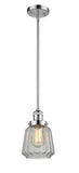 201S-PC-G142 Stem Hung 7" Polished Chrome Mini Pendant - Clear Chatham Glass - LED Bulb - Dimmensions: 7 x 7 x 8<br>Minimum Height : 19.25<br>Maximum Height : 43.25 - Sloped Ceiling Compatible: Yes