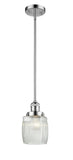 201S-PC-G302 Stem Hung 5.5" Polished Chrome Mini Pendant - Thick Clear Halophane Colton Glass - LED Bulb - Dimmensions: 5.5 x 5.5 x 8.5<br>Minimum Height : 18.5<br>Maximum Height : 42.5 - Sloped Ceiling Compatible: Yes