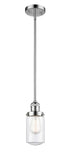 201S-PC-G312 Stem Hung 4.5" Polished Chrome Mini Pendant - Clear Dover Glass - LED Bulb - Dimmensions: 4.5 x 4.5 x 10.25<br>Minimum Height : 18.25<br>Maximum Height : 42.25 - Sloped Ceiling Compatible: Yes