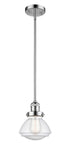 201S-PC-G324 Stem Hung 6.75" Polished Chrome Mini Pendant - Seedy Olean Glass - LED Bulb - Dimmensions: 6.75 x 6.75 x 7.75<br>Minimum Height : 17.5<br>Maximum Height : 41.5 - Sloped Ceiling Compatible: Yes